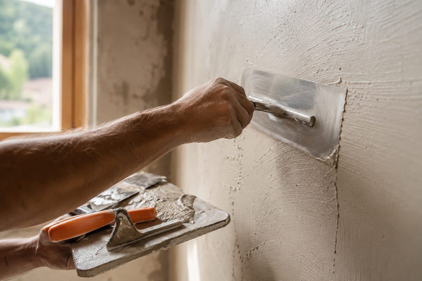 Gipserarbeiten: Wand wird von Hand verputzt